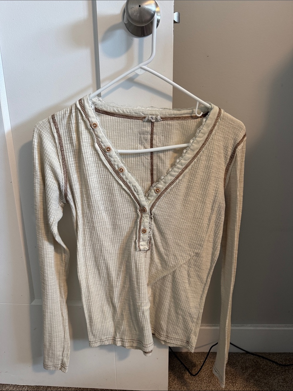 POL Cream Ribbed Henley Long Sleeve Top with Brown Contrast Stitching